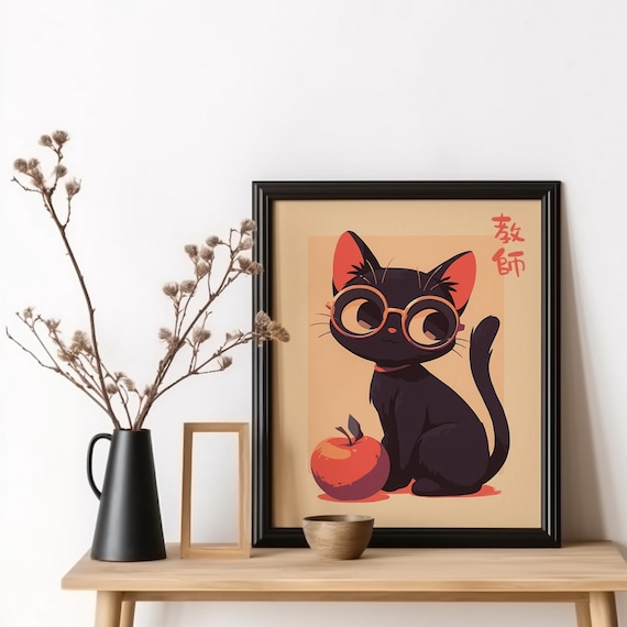 Black Cat Teacher With Glasses and Apple Kawaii Japanese Classroom Poster