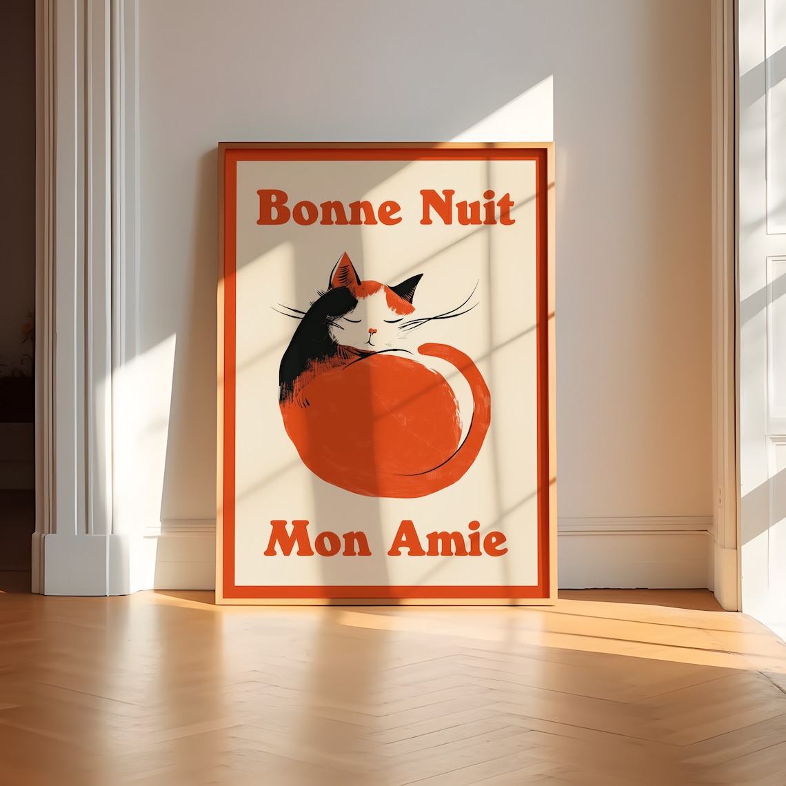 French Goodnight Cat Retro Bedroom Art Print