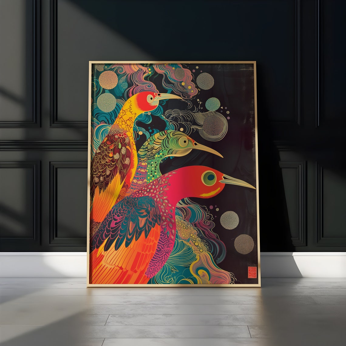 Colorful Psychedelic Japanese Birds Abstract Vibrant Wall Poster