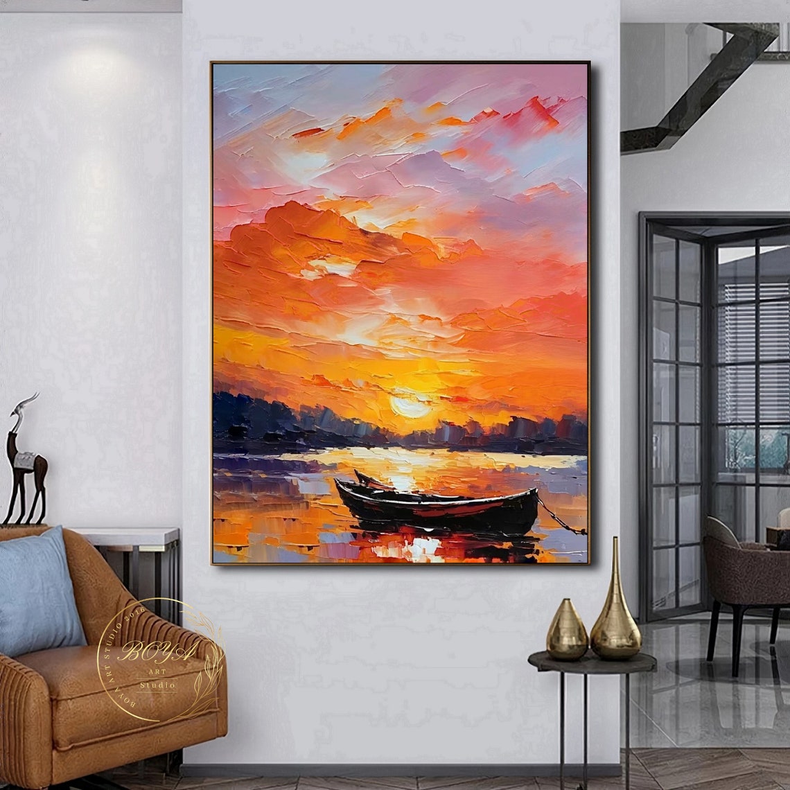 Vibrant Orange Sunset and Lone Boat Over Golden Water Poster - Image 5