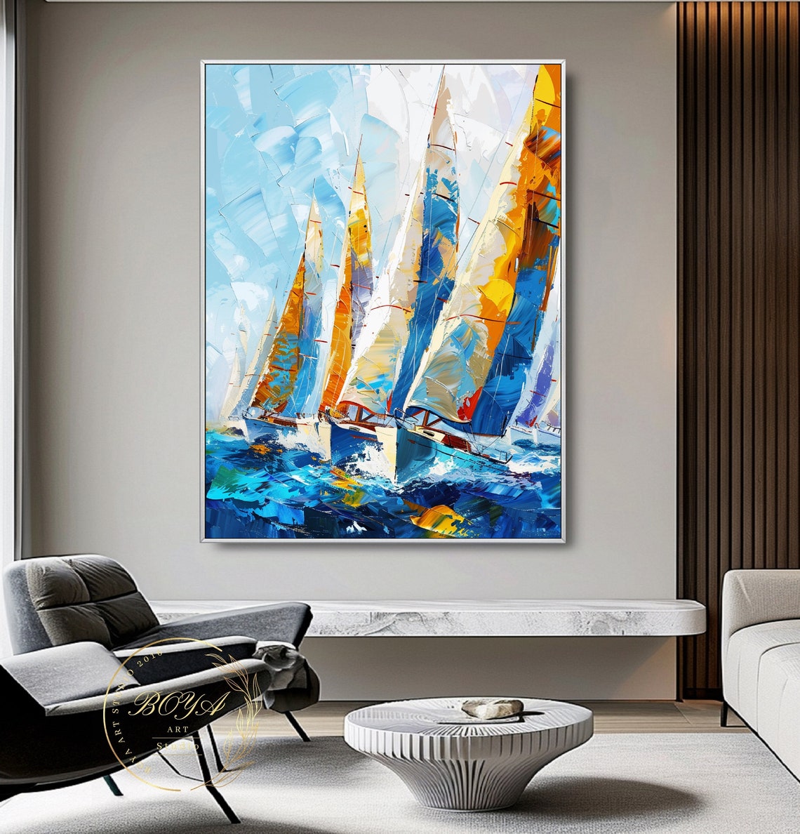 Sailboat Regatta in Orange and Blue Abstract Nautical Art Poster - Image 2