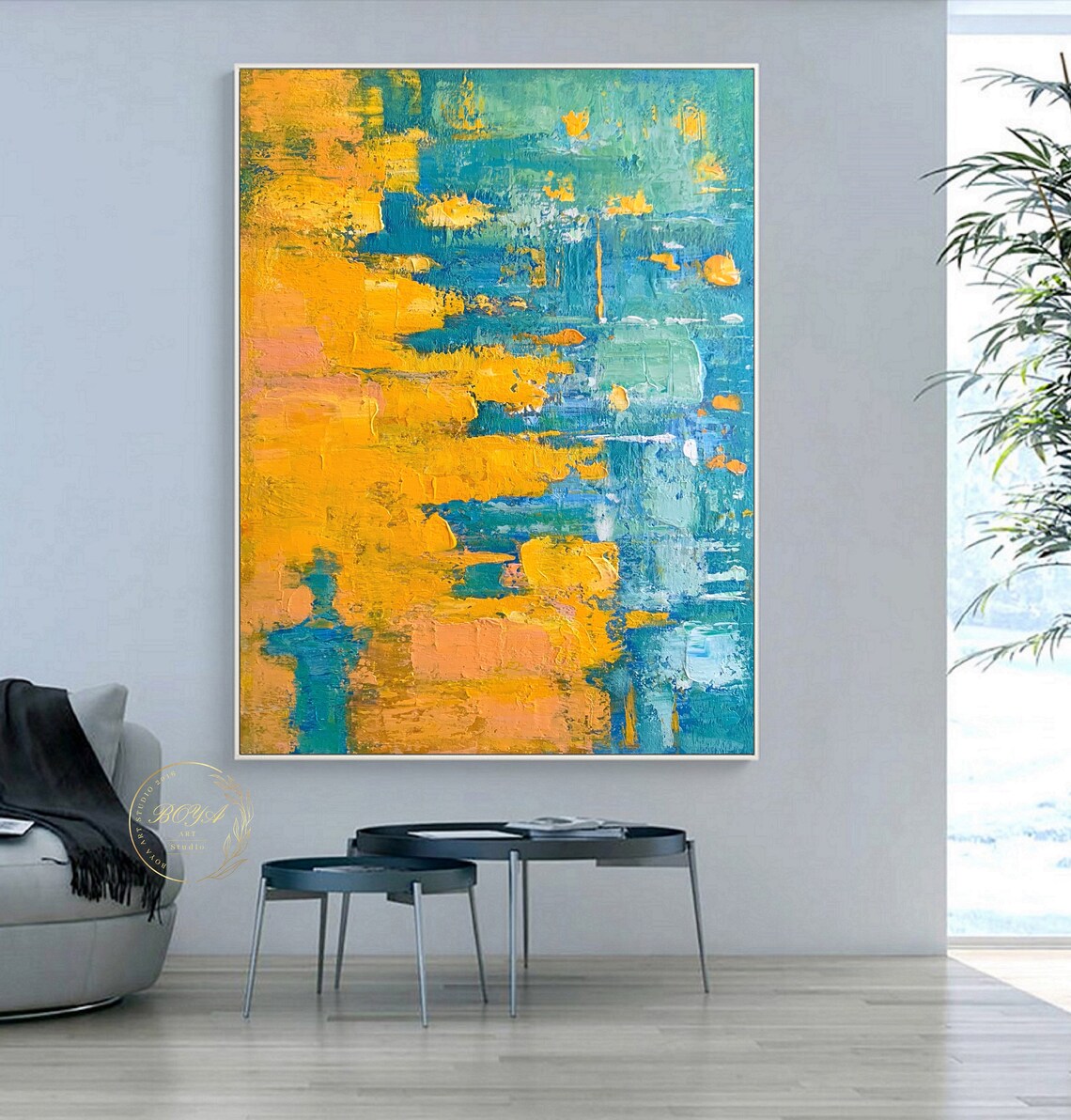 Yellow and Turquoise Bold Abstract Impasto Painting Artwork Poster - Image 3