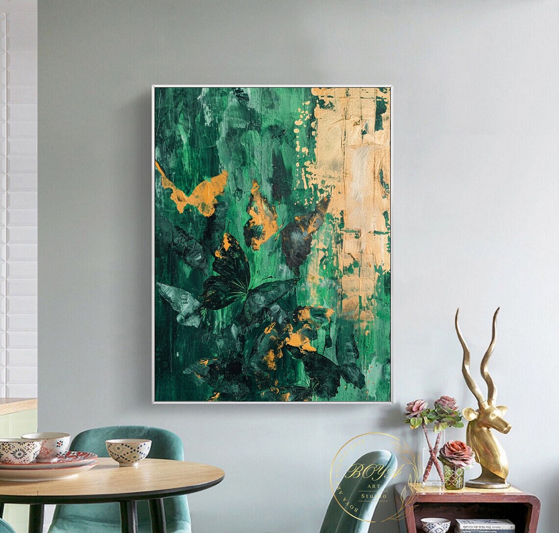 Emerald Green Butterfly Abstract Painting with Gold Accents Wall Art - Image 4