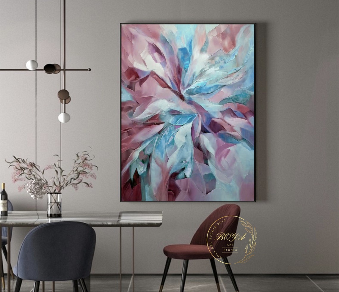 Pink and Blue Abstract Bloom Flower Textured Painting Art Poster - Image 5