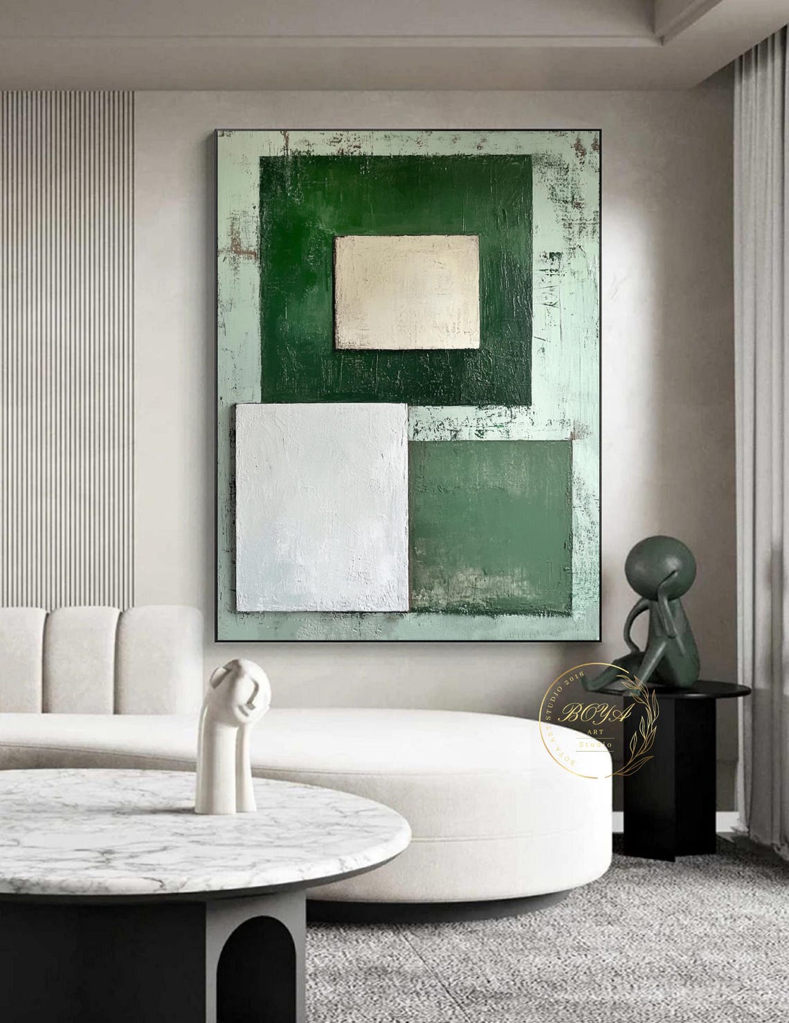Original Green Abstract Painting Minimalist Green Wall Art White Textured Art Large Beige Painting Geometric Abstract Art Wabi Sabi Wall Art - Image 2