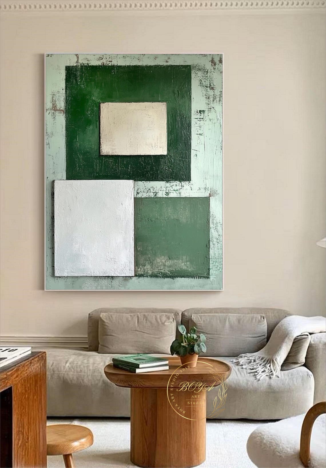 Original Green Abstract Painting Minimalist Green Wall Art White Textured Art Large Beige Painting Geometric Abstract Art Wabi Sabi Wall Art - Image 3