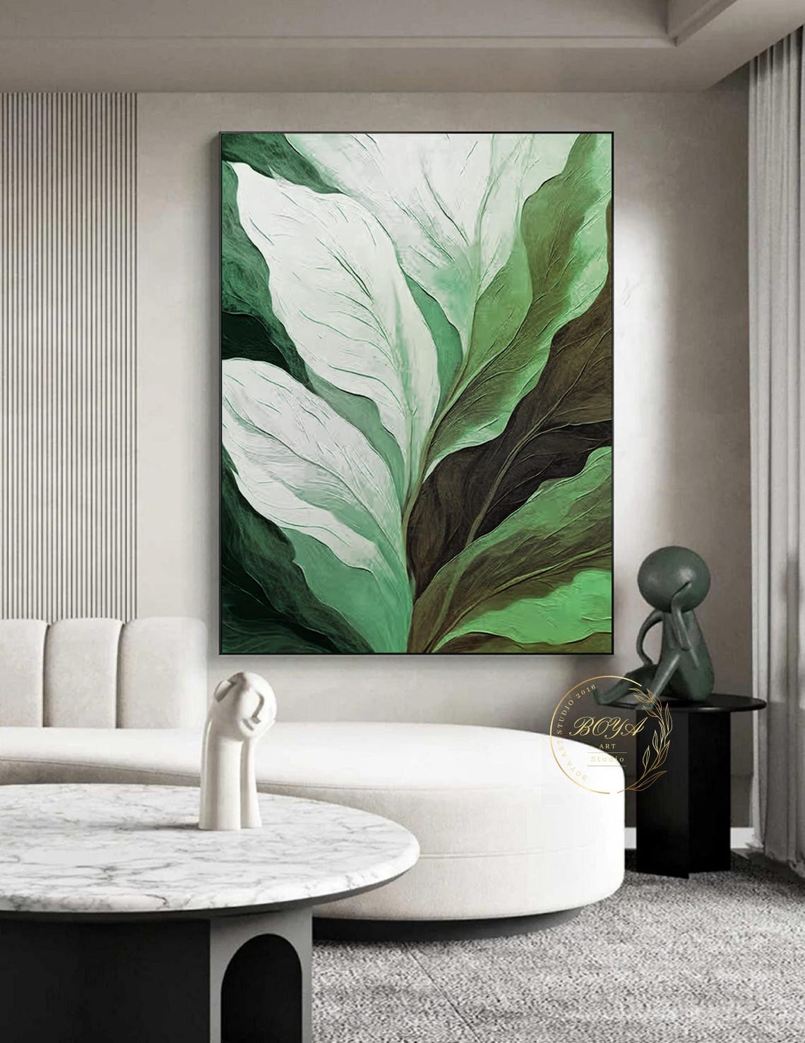 Dramatic Dark Green 3D Textured Relief Leaves Abstract Poster - Image 2