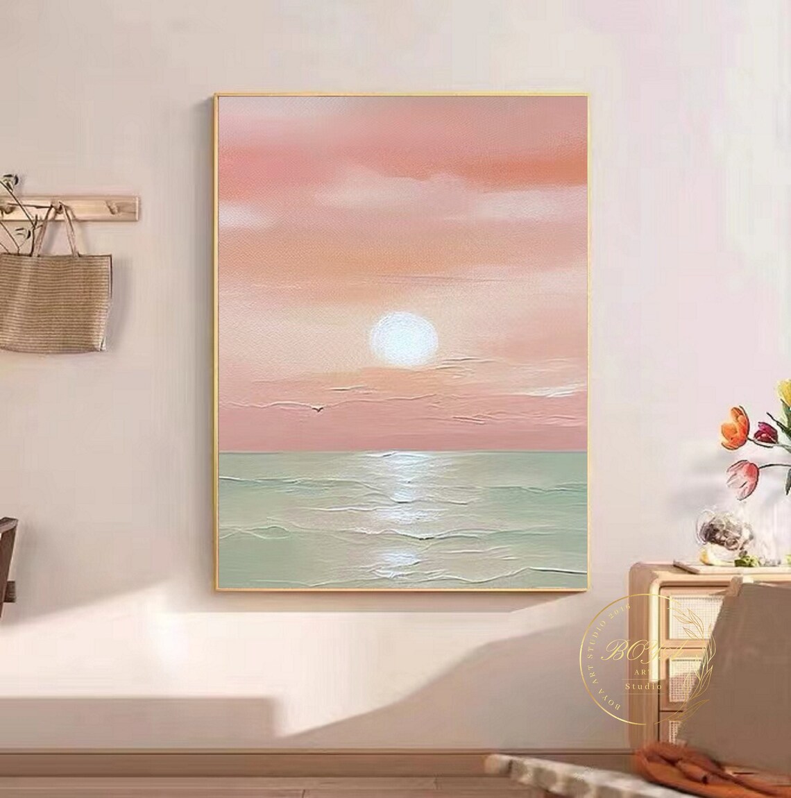 Abstract Seascape, Green Ocean Pink Sky Poster Print - Image 3