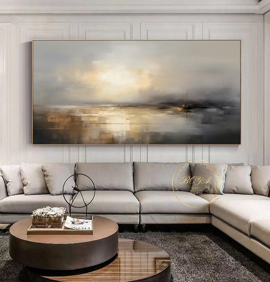 Golden Misty Seascape with a Distant Sailboat on the Horizon Poster - Image 3