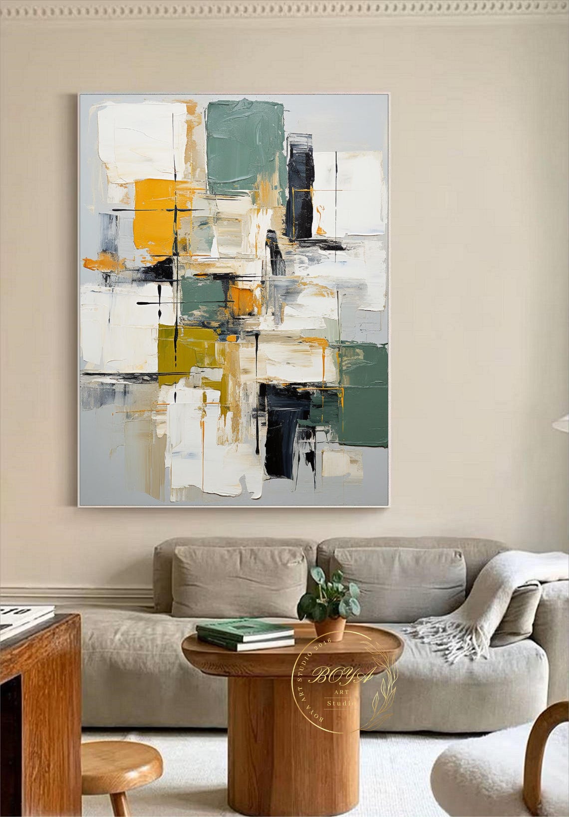White Sage Mustard Black Modern Geometric Abstract Painting Poster - Image 5