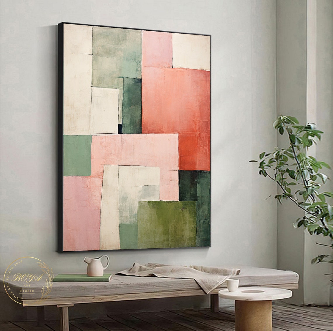 Original Pink Abstract Painting Green Painting Geometric Abstract Art Minimalist Wall Art Beige Oil Painting Large Abstract Painting - Image 2