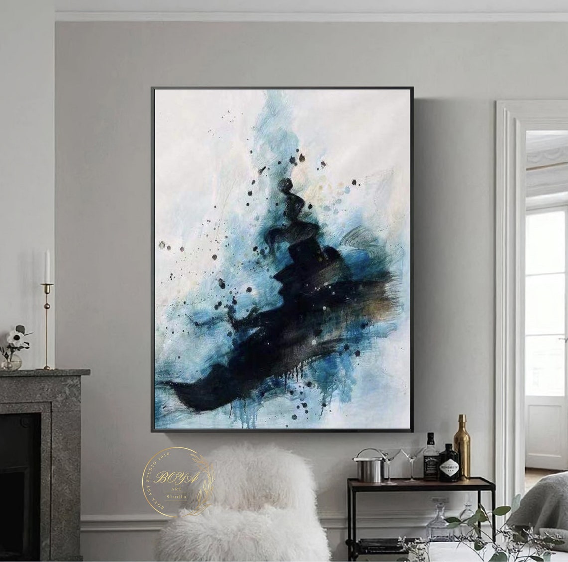 Black Ink Splash on Blue White Wash Abstract Painting Art Poster - Image 5