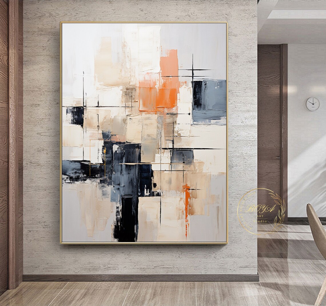 Beige Abstract Oil Painting, Black White Art Print - Image 3