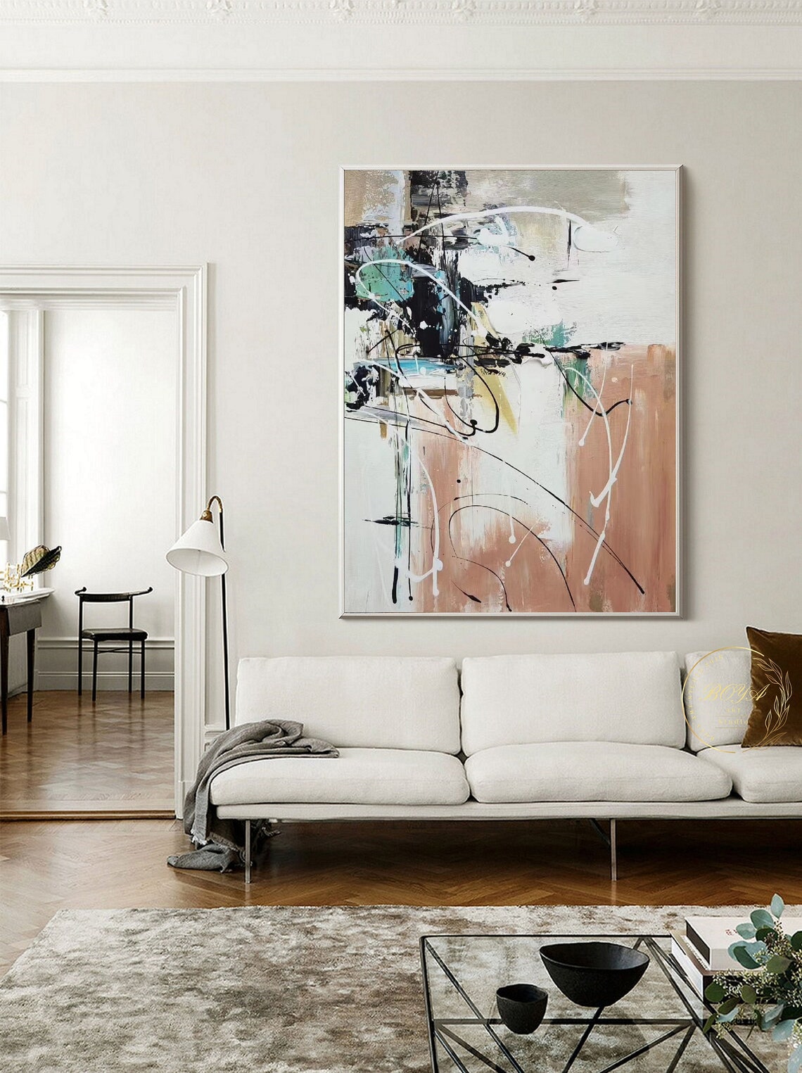Expressive White Beige with Black Ink Swirls Abstract Art Poster - Image 4