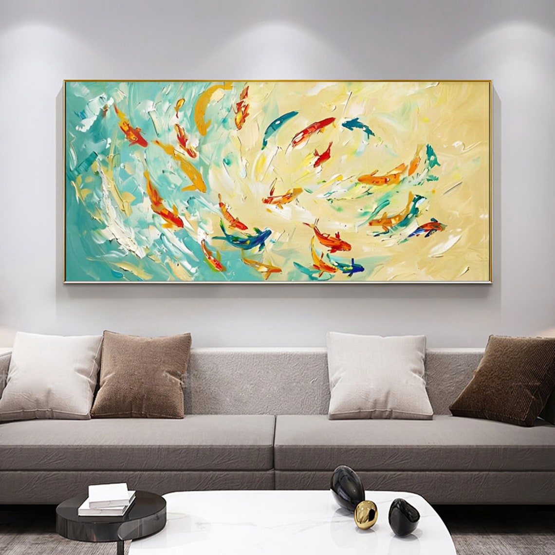 Koi Fish Swirling In Yellow Teal Abstract Water Art Painting Poster - Image 6