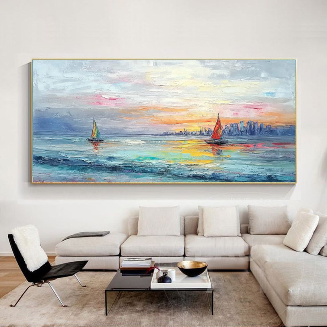 Peaceful Sunset Sailboats Drifting by a City Skyline Harbor Poster