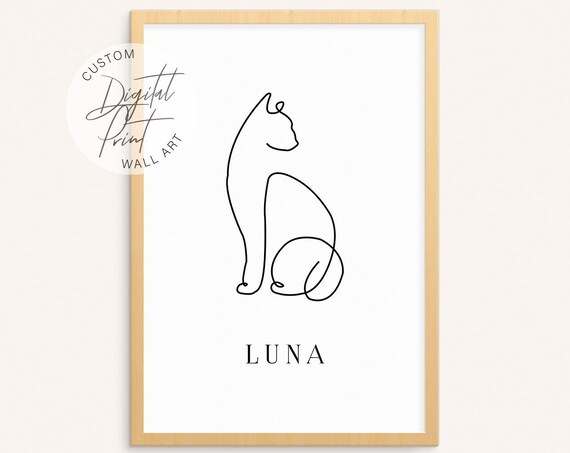 Personalized Cat One Line Drawing Custom Pet Name Minimalist Wall Poster