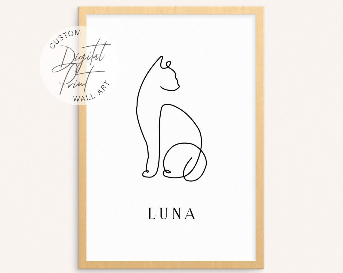Personalized Cat One Line Drawing Custom Pet Name Minimalist Wall Poster