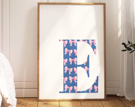 Letter E Poster Pink Bow Print Preppy Wall Art Blue E Initial Print Cute Apartment Decor Pink College Dorm Room Decor Blue Bathroom
