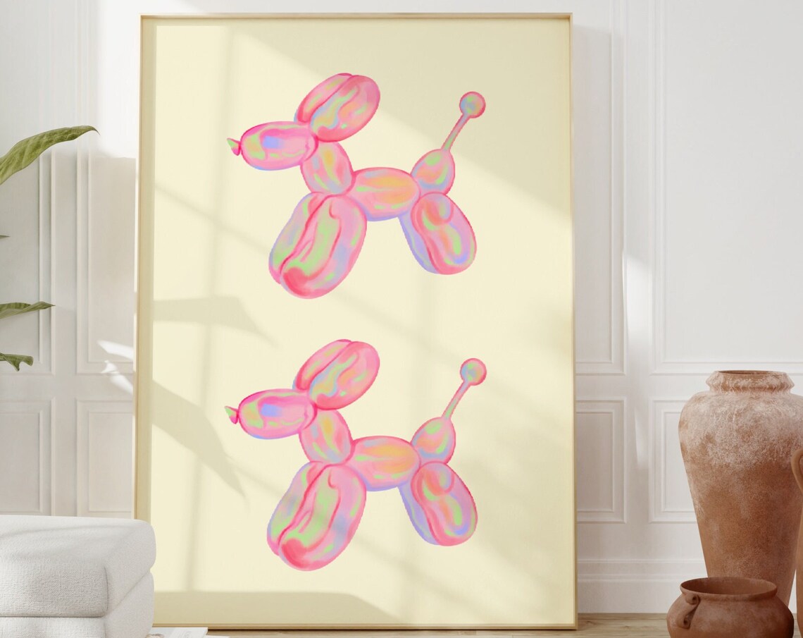 Pink Pastel Balloon Dog Pair Fun Retro Kids Nursery Decor Poster