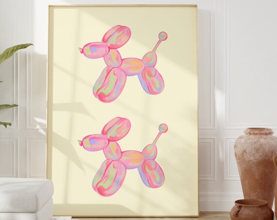 Pink Dog Balloon Retro Wall Art 70s Preppy Wall Art Cute Nursery Print Trendy Funky Decor Groovy Poster Apartment Decor Girly Wall Art