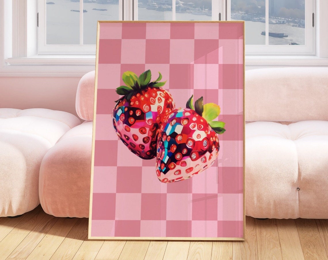 Disco Mosaic Strawberry Duo Pink Checkered Fruit Pop Art Poster