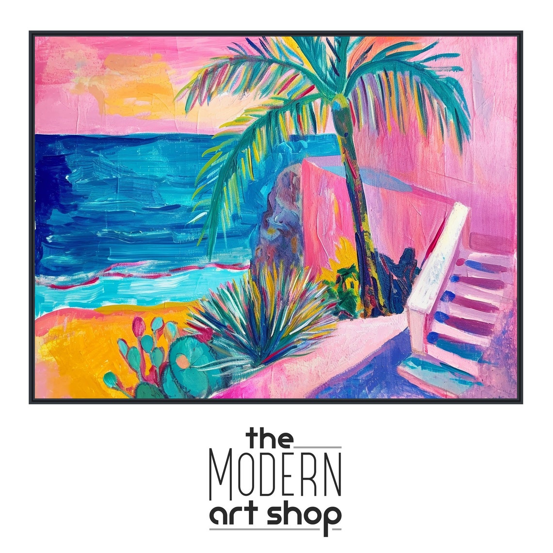 Tropical Abstract Painting Modern Beach Wall Art With Palm Tree Gicle Or Framed Print Pink Blue Beachside Palm - Image 4