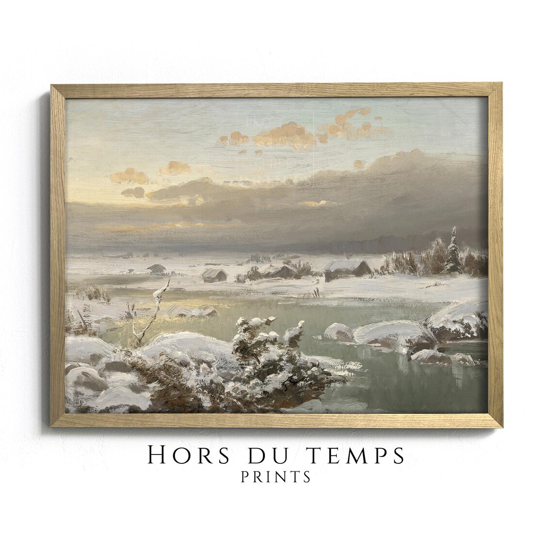 Winter Village Golden Dusk Frozen River Snowy Cabins Oil Painting Poster