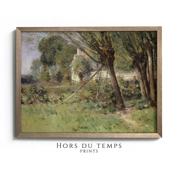 Vintage Weeping Willow Trees Landscape Painting Green Tonal Meadow Rustic Farmhouse Country Art Hors Du Temps Prints