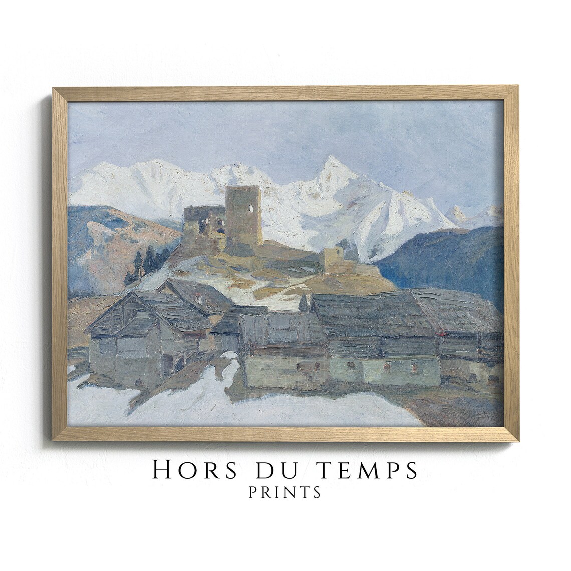 Mountain Castle Ruins Beneath Snowy Peaks Vintage Landscape Poster