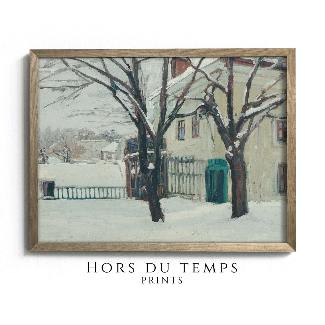 Snowy Courtyard Bare Trees Teal Door Vintage Winter Art Poster