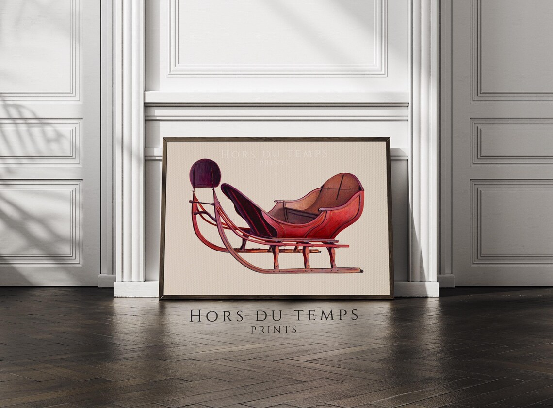 Vintage Red Wooden Sleigh Christmas Illustration Cream Art Poster - Image 2