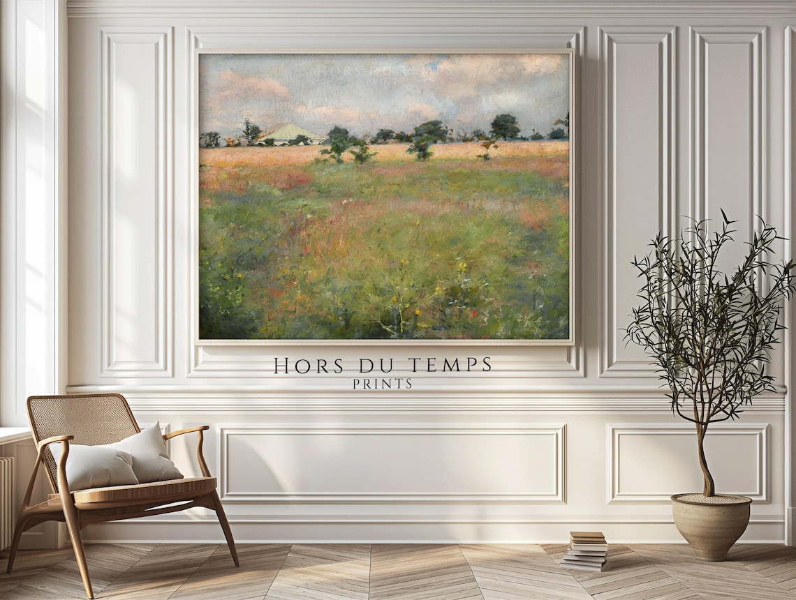 Soft Pastel Meadow Field Trees Distant Tent Impressionist Painting Poster - Image 2