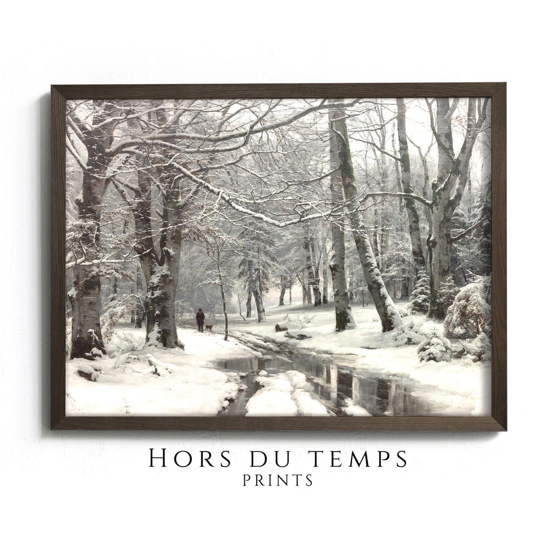 Winter Beech Forest Stream with Walker and Dog Snowy Painting Poster