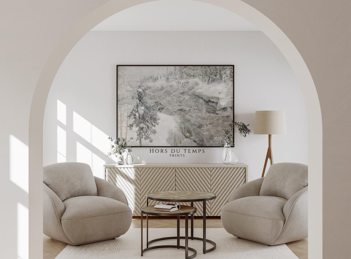 Snowy Forest River Winding Stream Muted Grey Winter Oil Painting Poster - Image 2