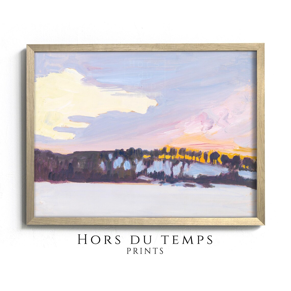 Winter Sunset Colorful Pink Lavender Sky Snowy Field Oil Painting Poster