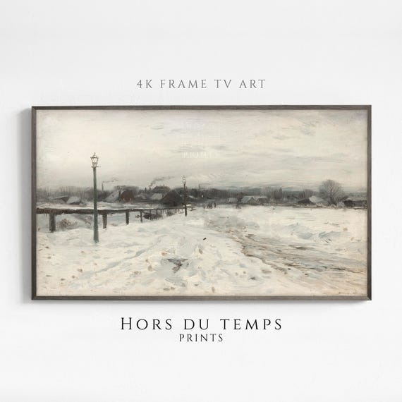 Muted Snowy Village Farmhouse Landscape Art For Frame Tv Vintage Cottagecore Painting Hors Du Temps Prints