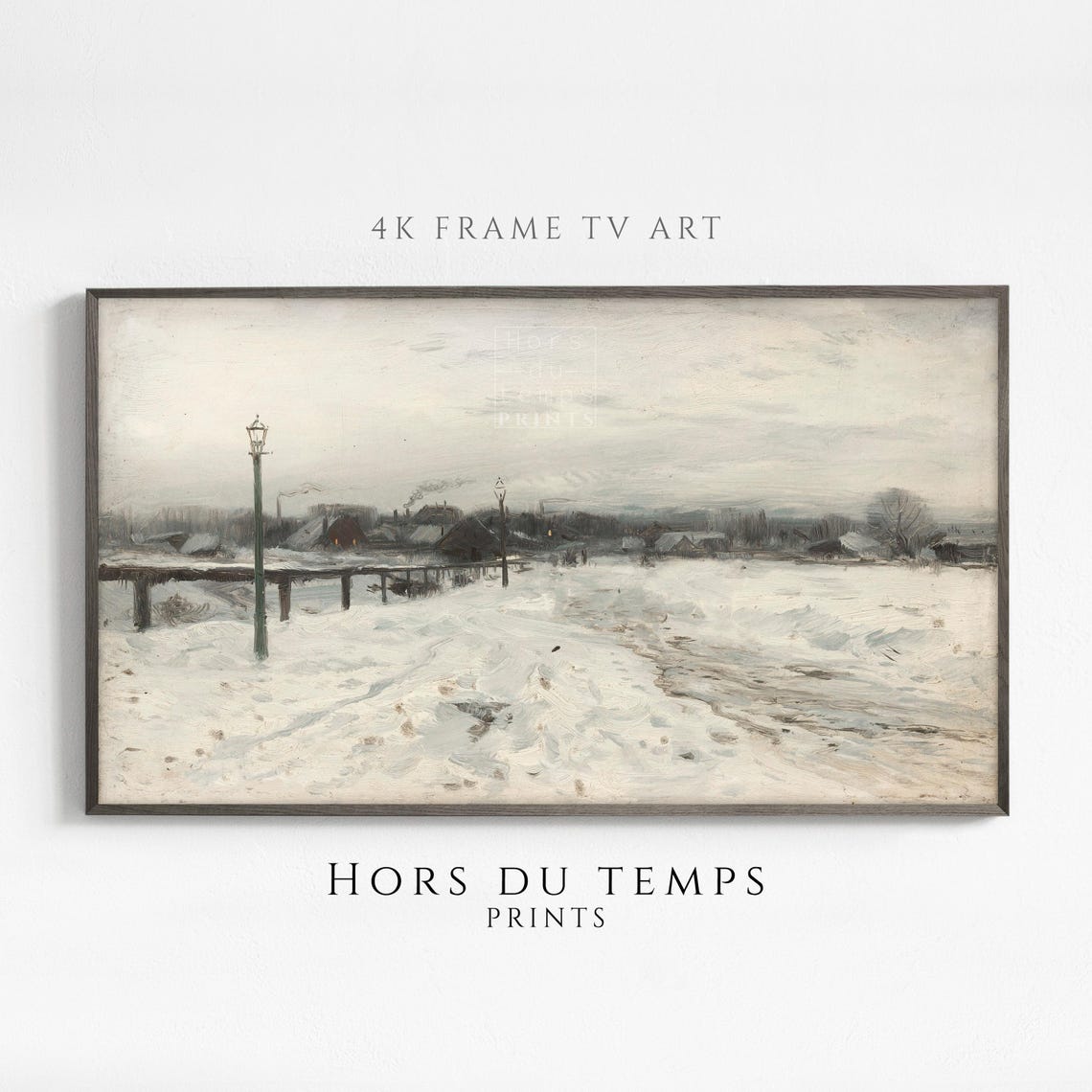 Snowy Field with Vintage Lamp Posts Distant Village Winter Poster