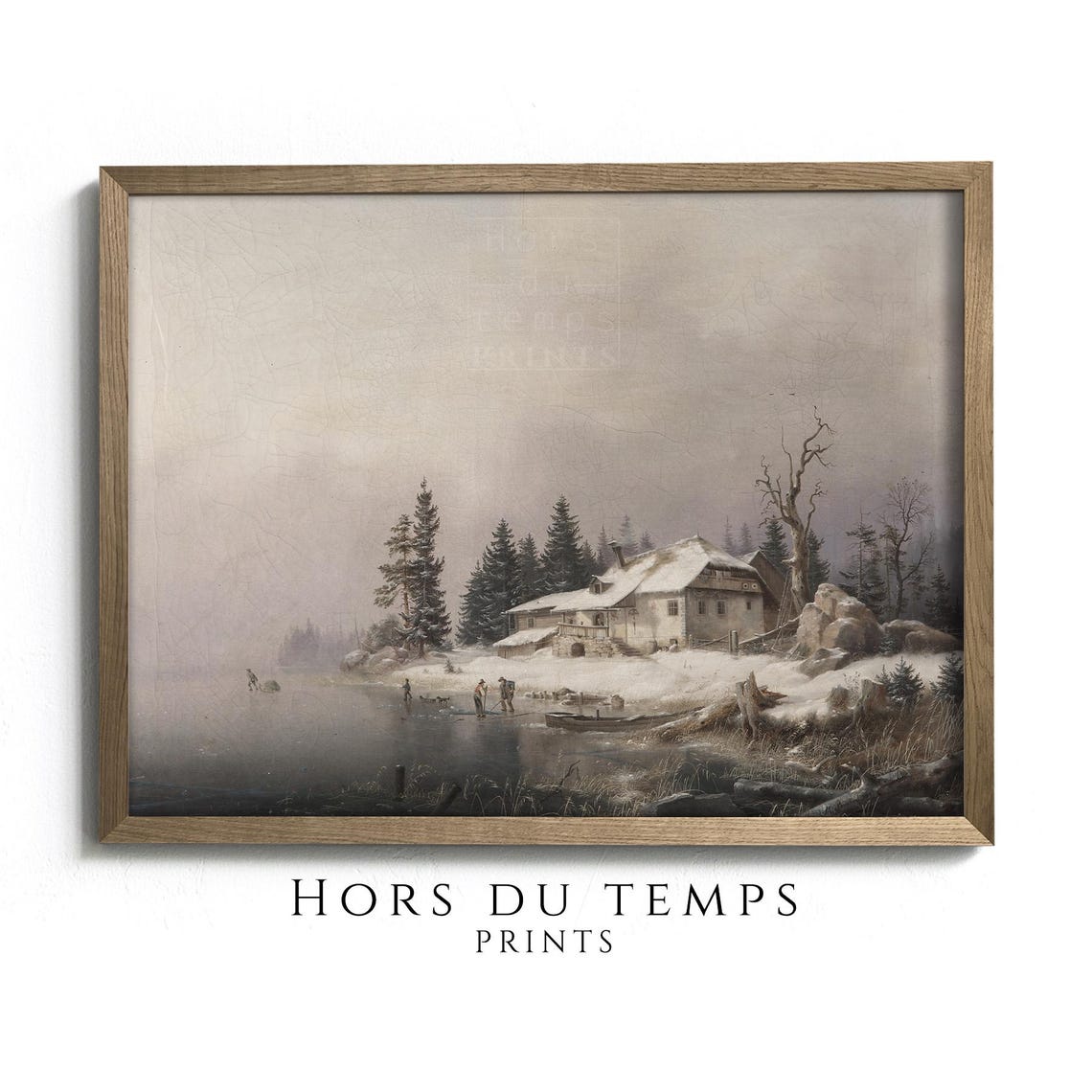 Lakeside Cottage by a Frozen Lake with Winter Figures Vintage Poster