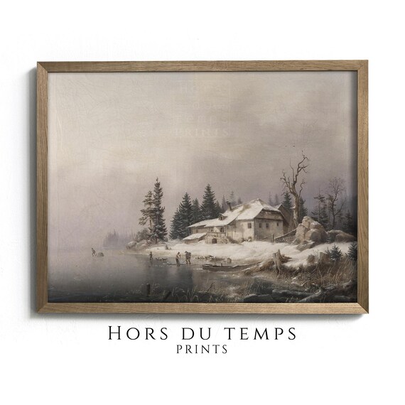 Lakeside Cottage by a Frozen Lake with Winter Figures Vintage Poster