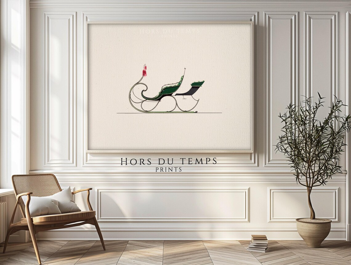 Vintage Green Sleigh Minimal Line Drawing Winter Holiday Poster - Image 2
