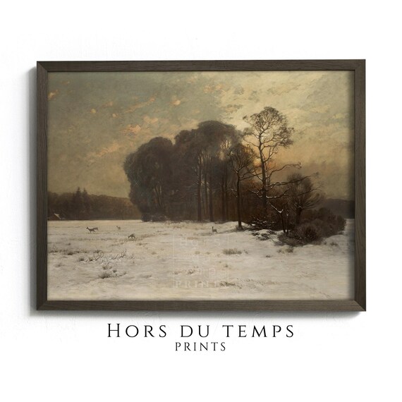 Deer in a Snowy Field at Dusk Vintage Winter Wildlife Poster