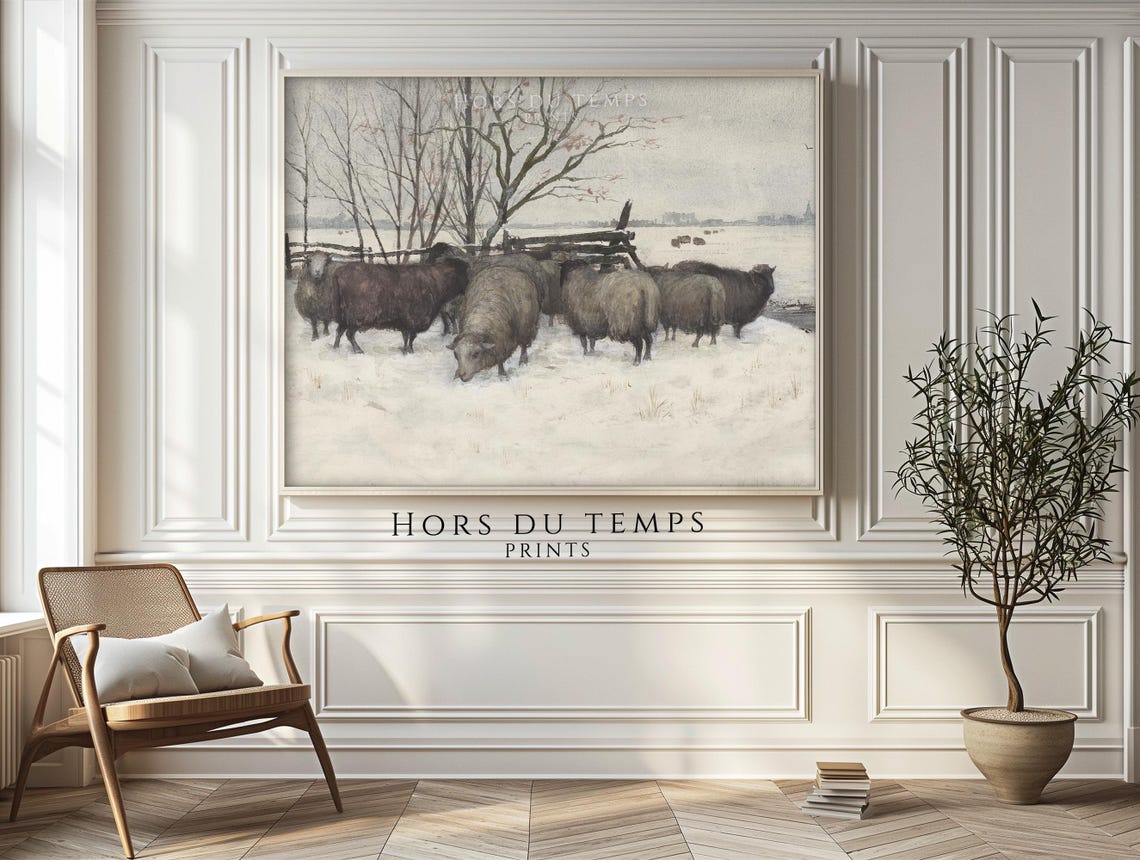 Vintage Sheep Snowy Field Winter Bare Trees Rustic Fence Poster - Image 2