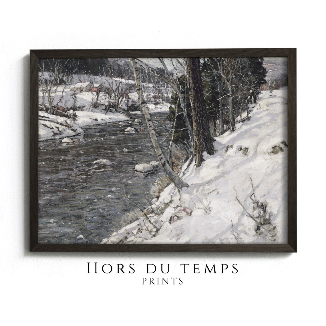 Winter River Through Snowy Woods Village Vintage Landscape Poster