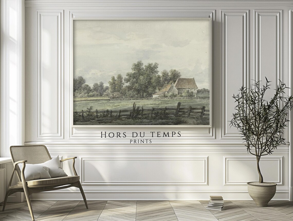 Thatched Farmhouse Behind Rustic Fence Vintage Country Sketch Poster - Image 2