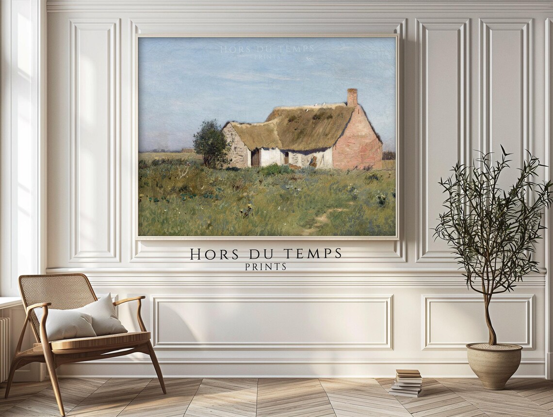 Vintage Thatched Cottage Meadow Blue Sky Country Painting Poster - Image 2