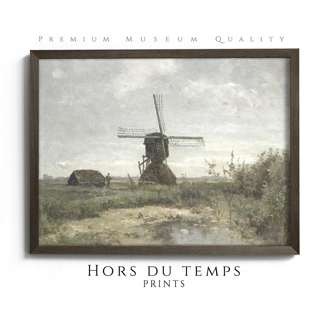 Vintage Dutch Windmill Countryside Canal Muted Oil Painting Poster