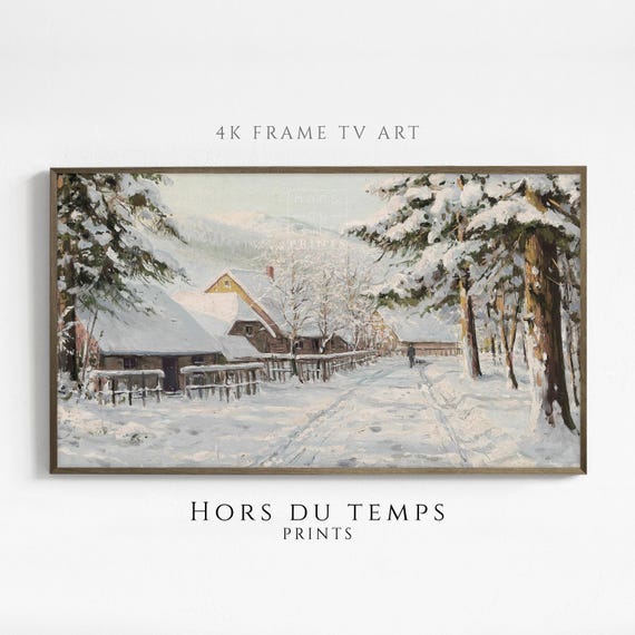 Muted Snowy Village Farmhouse Landscape Art For Frame Tv Vintage Cottagecore Painting Hors Du Temps Prints