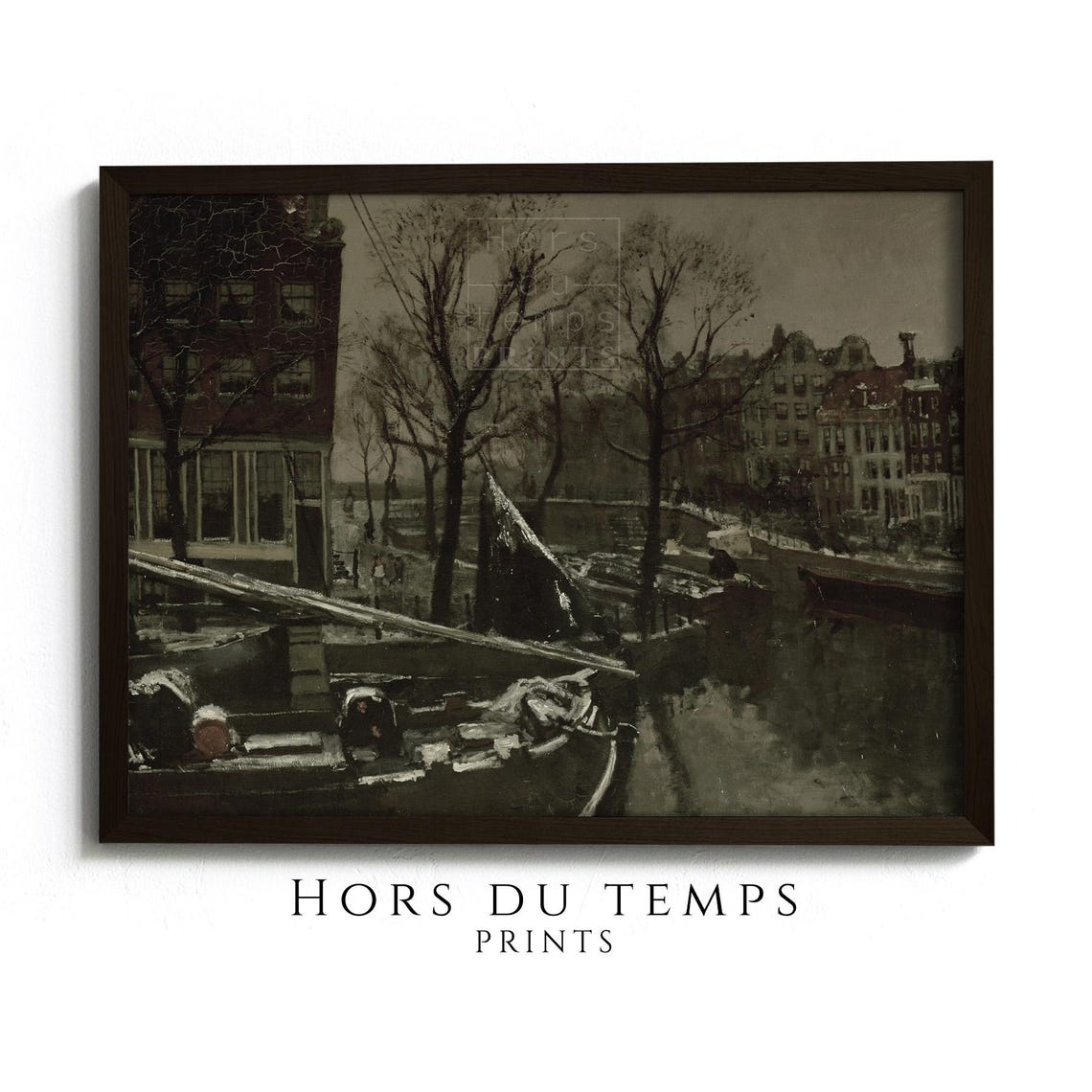Dark Vintage Canal Houses Boats Bare Trees Night Cityscape Poster