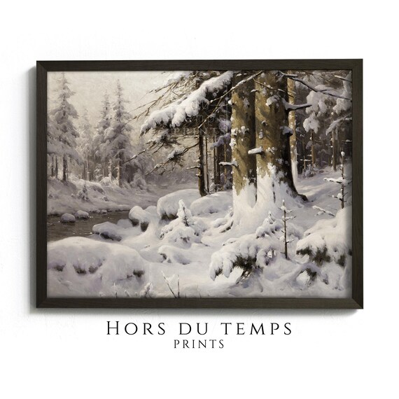 Moody Snowy Forest Landscape Painting Muted Winter Tones Rustic Country Christmas Vintage Art Hors Du Temps Prints